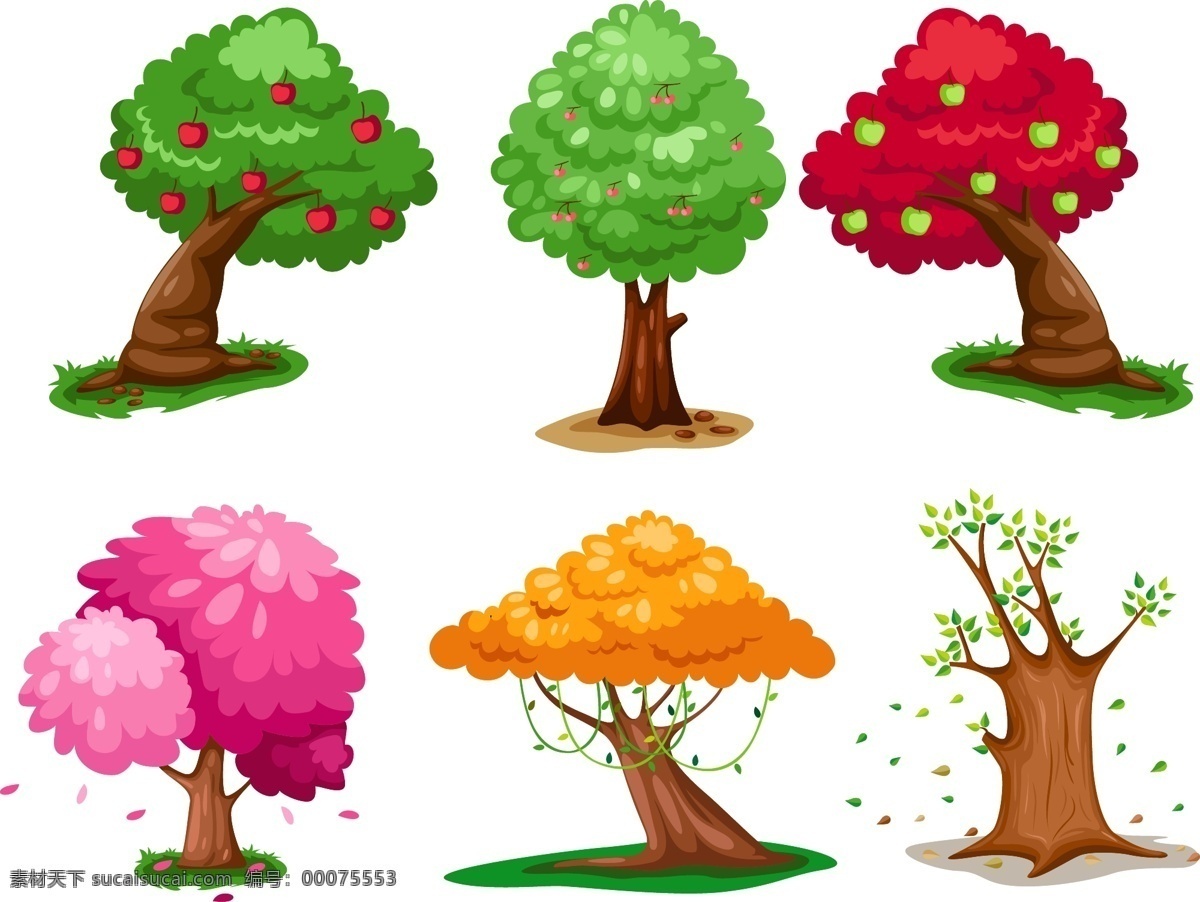 矢量 树 彩色 果实 果树 花 绿色 色块 树形