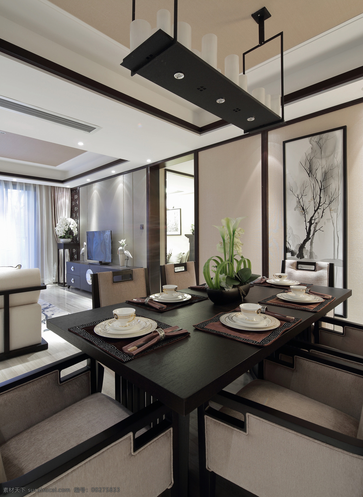 室内 餐厅 中式 现代 装修 效果图 黑色 长方形餐桌 白色瓷质餐具 清新园艺 创意吊灯