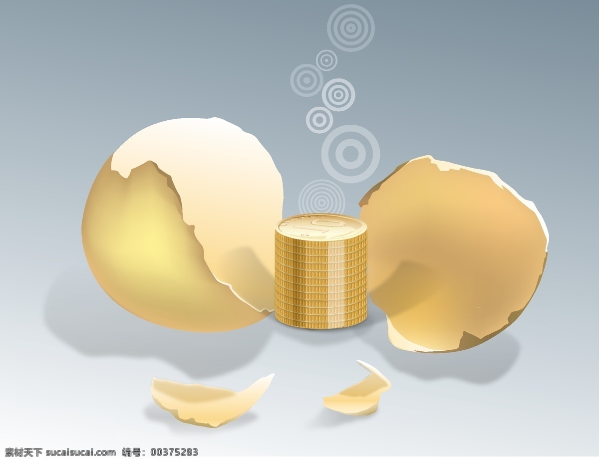 蛋壳与金币 金融贸易 金融货币 商务概念 商务素材 鸡蛋蛋壳 金币 现代商务 商务金融 矢量素材 白色