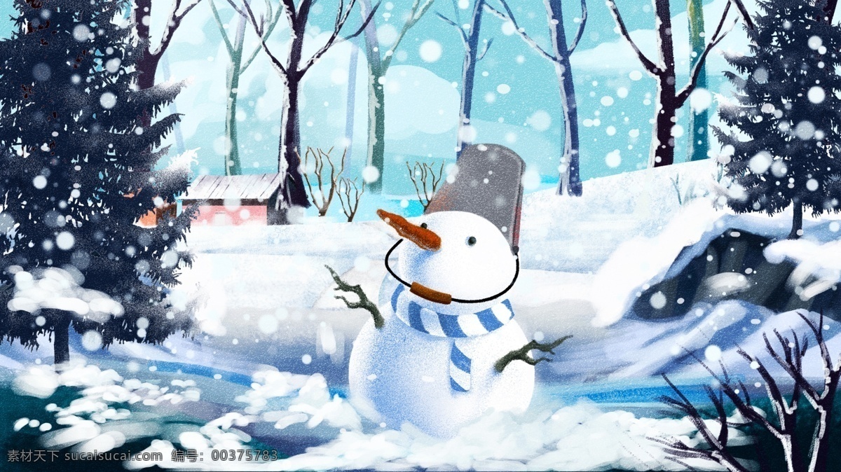 原创 立冬 冬天 下雪 雪人 美景 插画 壁纸 冬天美景 手机配图