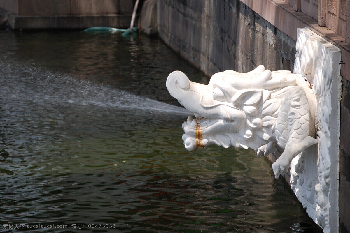 传统 建筑 水池 中 喷水 龙 雕刻 雕塑 房地产 古代 广告 龙泉 龙王 喷泉 中国 雕龙 龙须 翘起 汉白玉 泉水 装饰素材 印章 图案