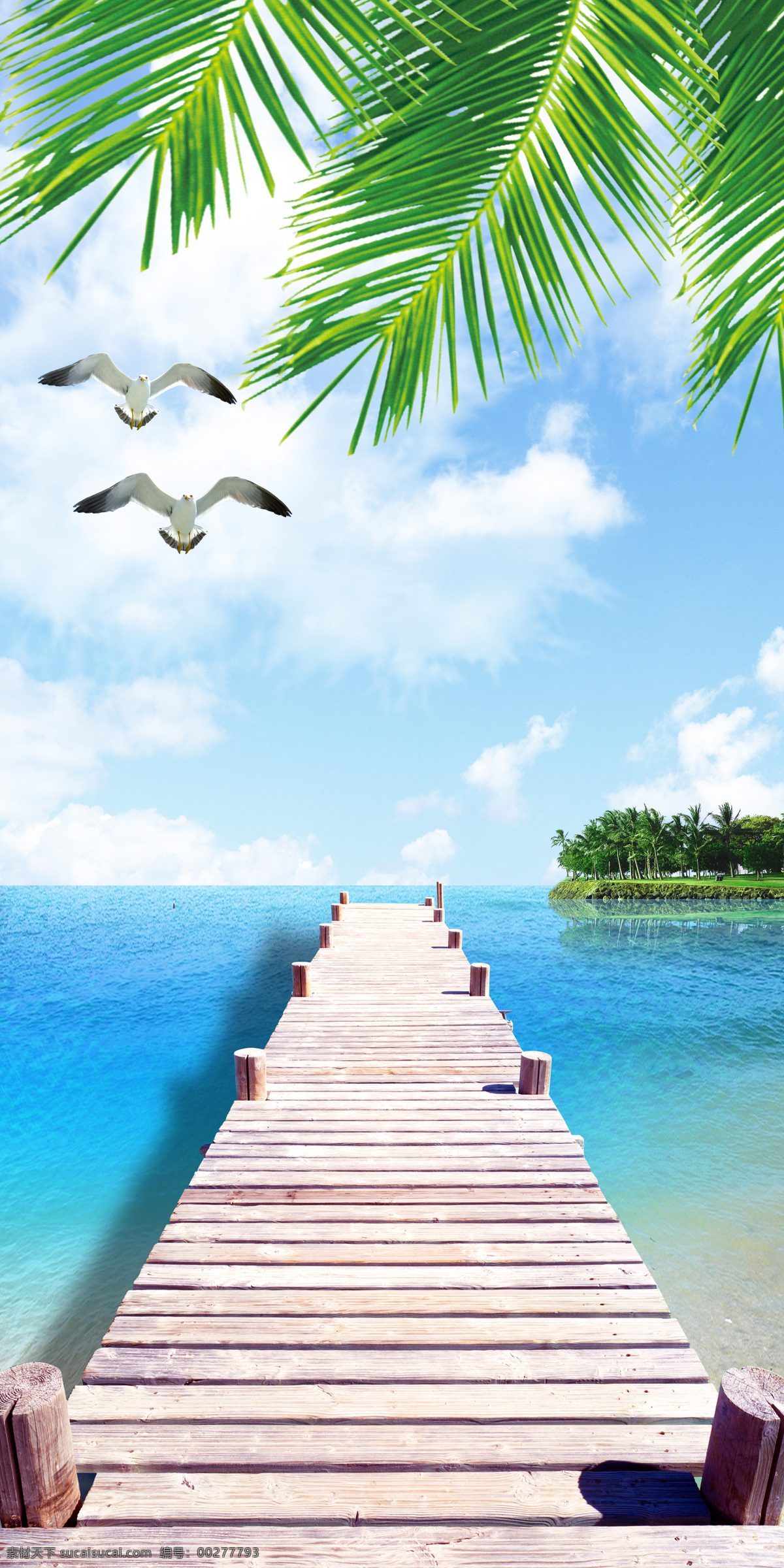 玄关 大海 椰树 背景 墙 玄关海景 风景大海 椰树沙滩 小岛 海鸥 木桥 蓝天白云