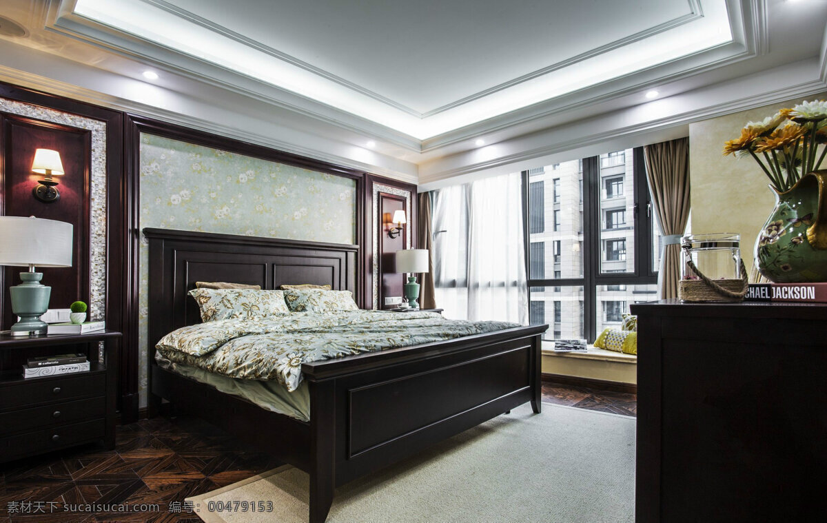 室内 卧室 现代 中式 装修 效果图 白色灯光 吊顶 集成墙面 实木床 实木地板 水墨画墙