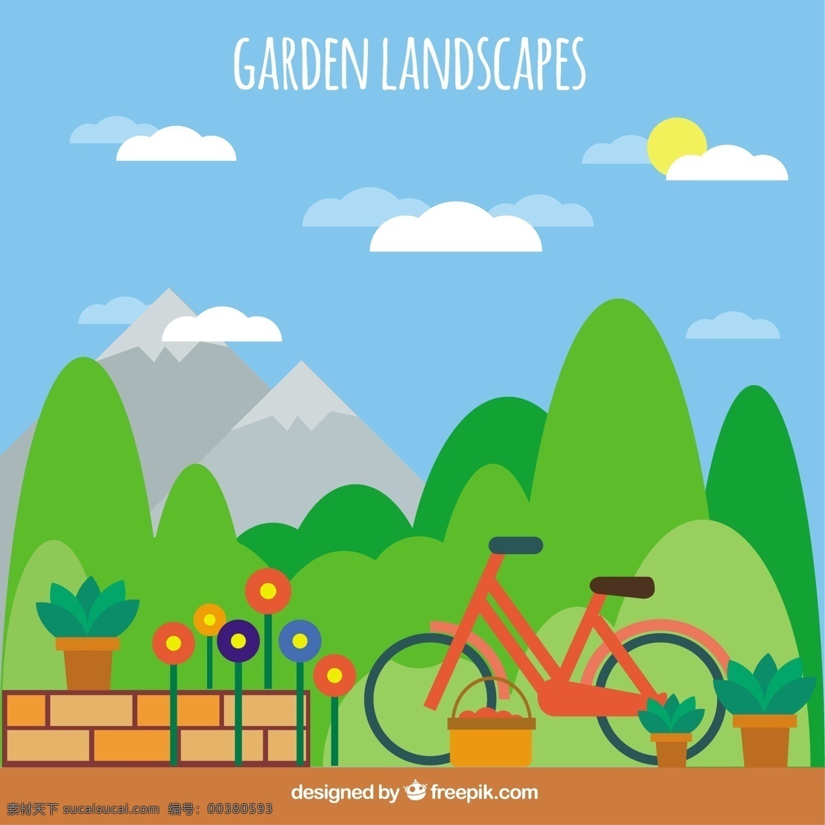 迷人 花园 景观 树 花 鲜花 阳光 自然 山 绿色 自行车 地势平坦 橙色 树木 平整 篮 植物 园艺