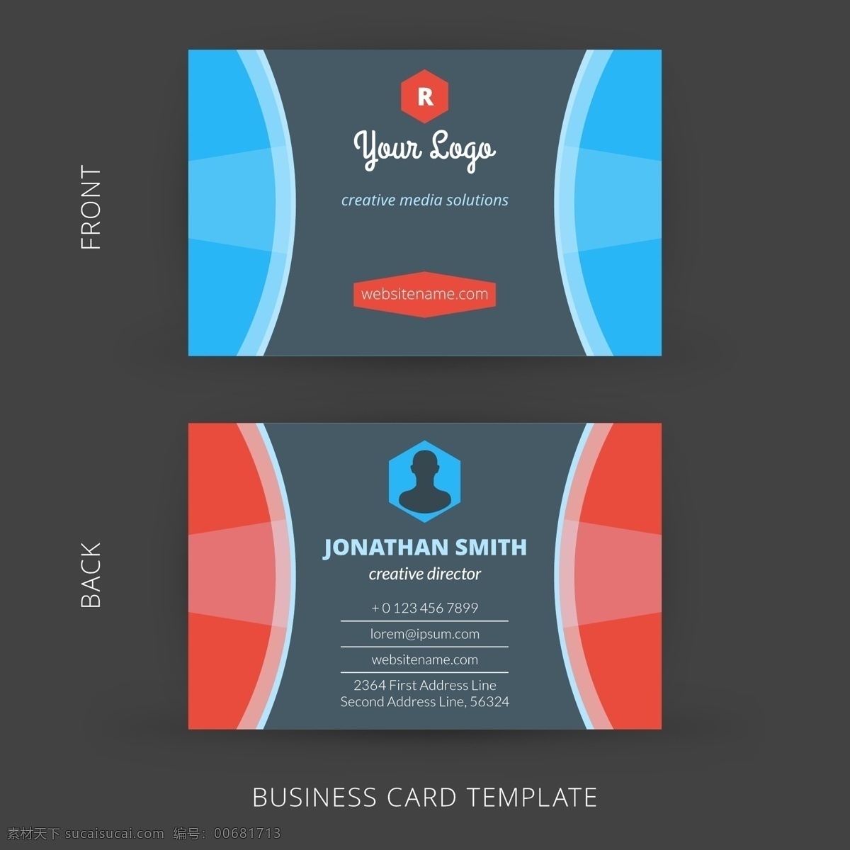 商务名片版式 矢量图 创意设计 名片 商务 企业 抽象 正面 反面 背面 几何 线条 曲线 蓝色 红色 黄色 卡片 名片卡片 灰色