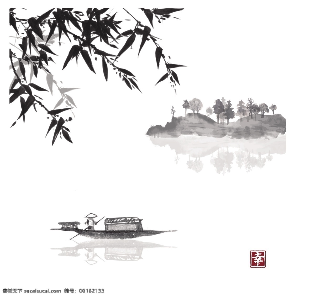 中国 风 水墨 风景 竹子 小船 水墨山