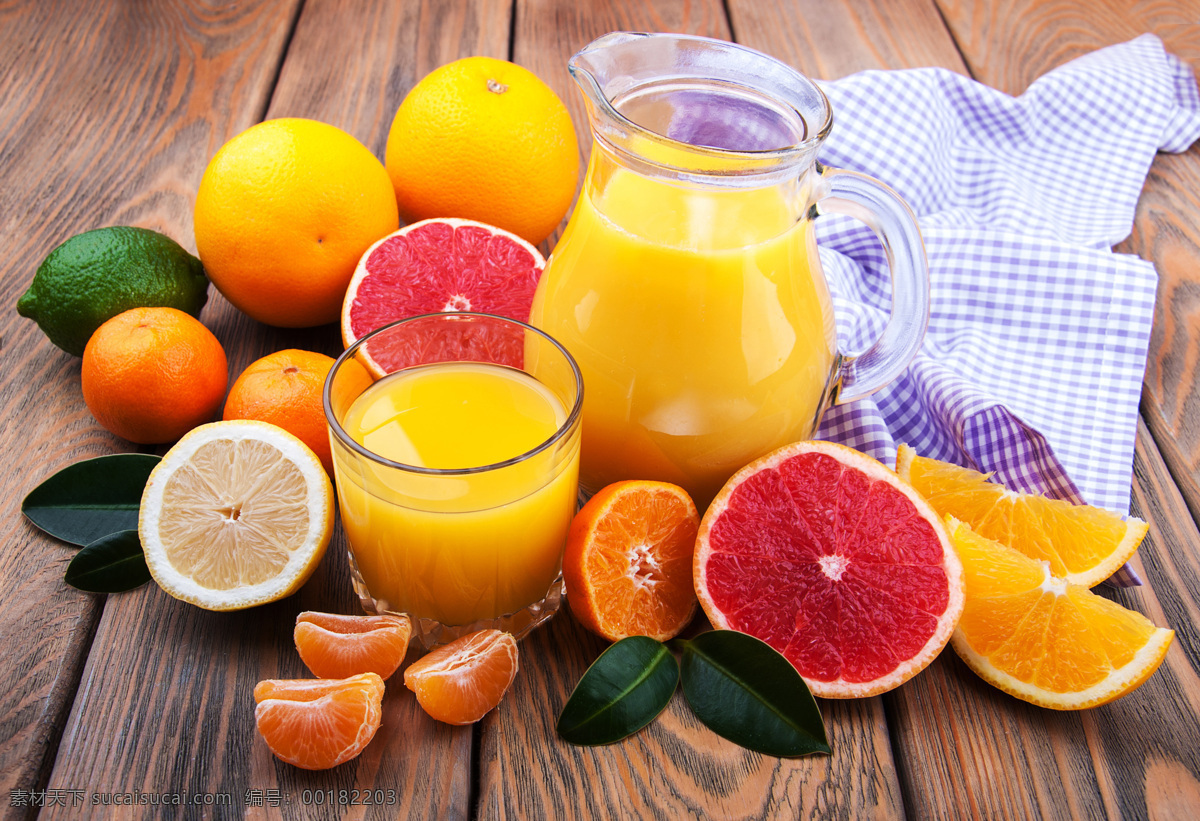 丰富 水果 果汁 橙汁 木板 餐布 餐饮美食 饮料酒水