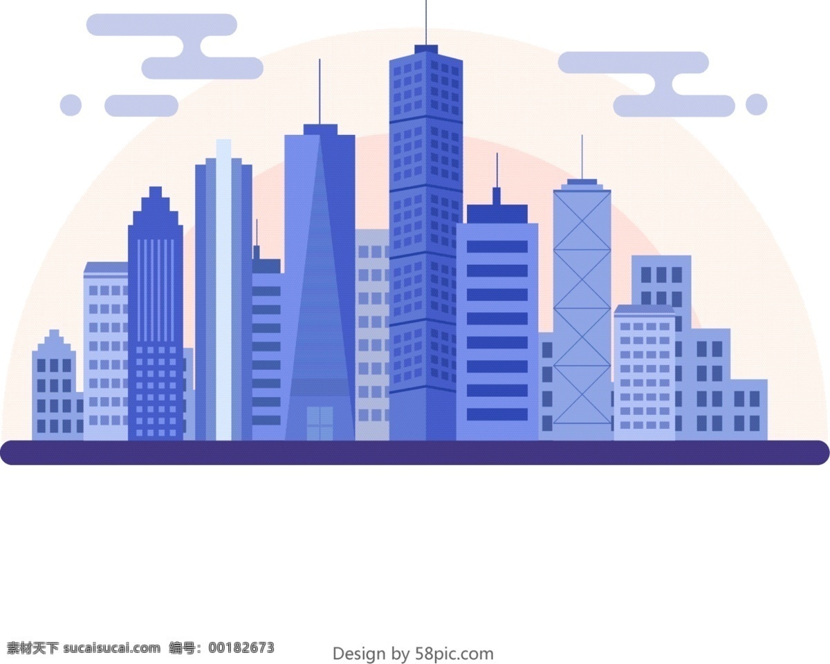 城市 高楼 云朵 地平线 蓝紫色 元素 落日