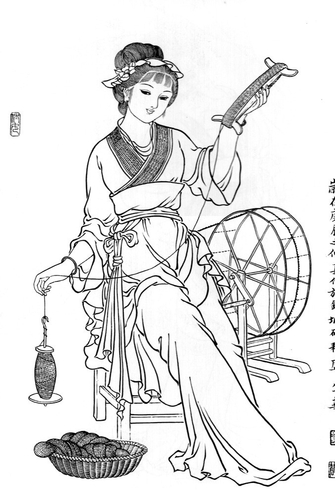 纺织娘 美女 农家女 古装女人 头饰 长裙 纺车 纺线 古典 刘公华 人物画 工笔 白描 线描 字画 中国画 水墨画 仕女 两 百态 绘画书法 文化艺术