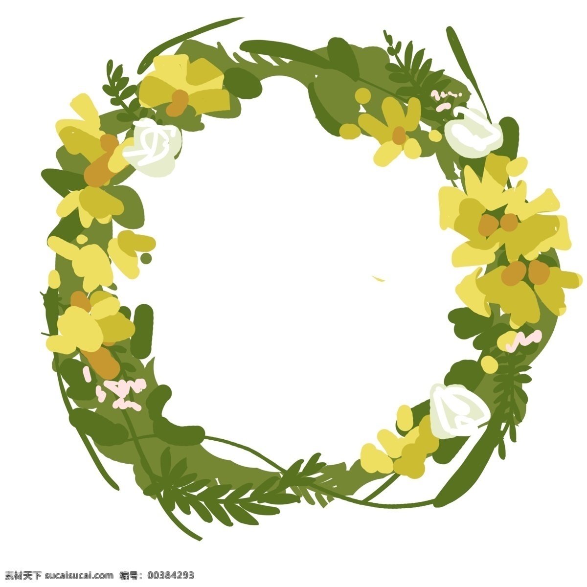 黄色 油菜花 花环 黄色的花朵 插画 植物花环 黄色的油菜花 花环边框 绿色的树叶