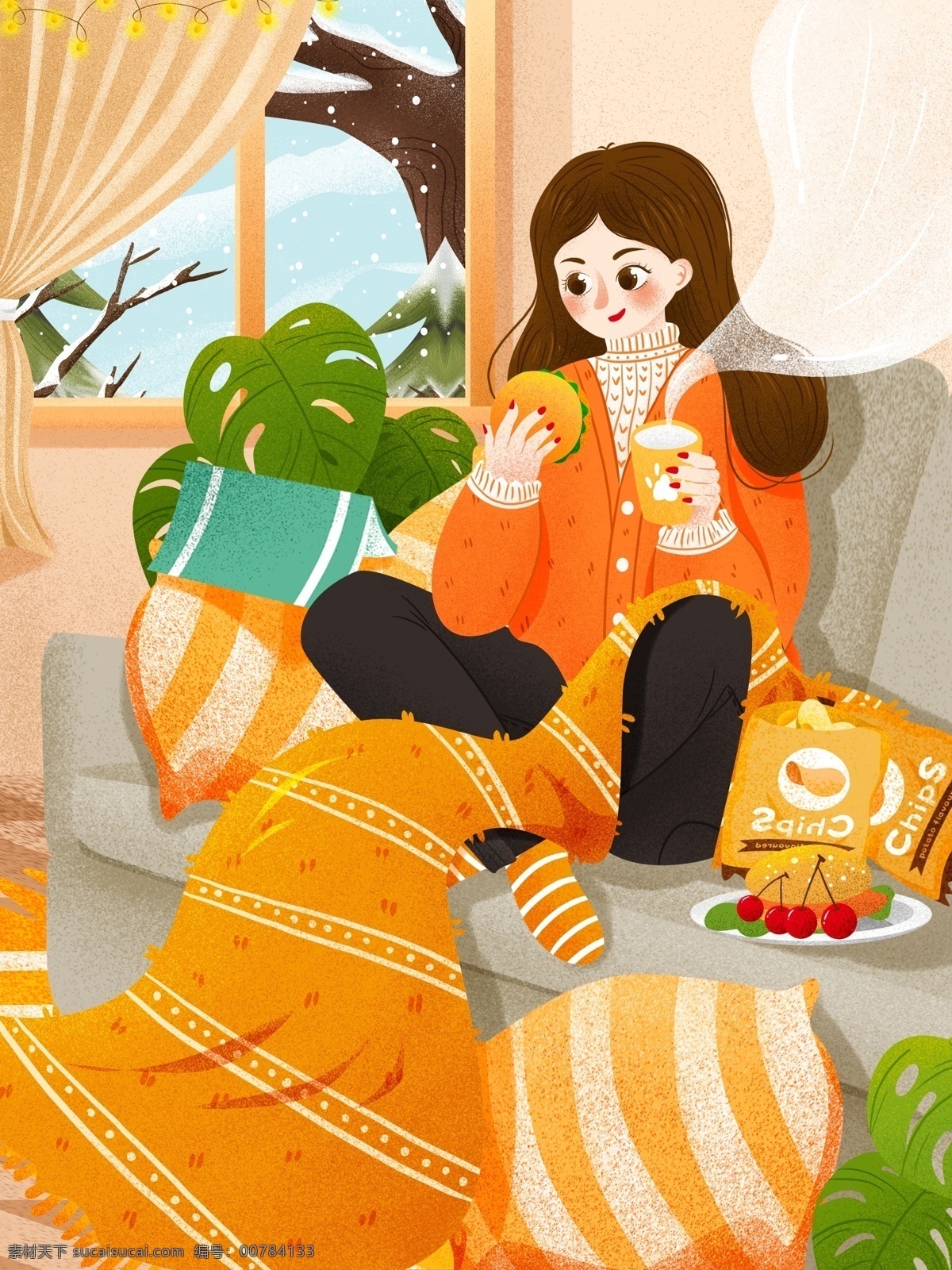 肥 宅 冬季 快乐 时光 女孩 沙发 吃 零食 插画 盆栽 汉堡 肥宅生活 冬季肥宅 宅家里 宅女 宅生活 居家生活插画 生活插画 单身女孩 单身生活 少女 人物插画 靠枕 薯片