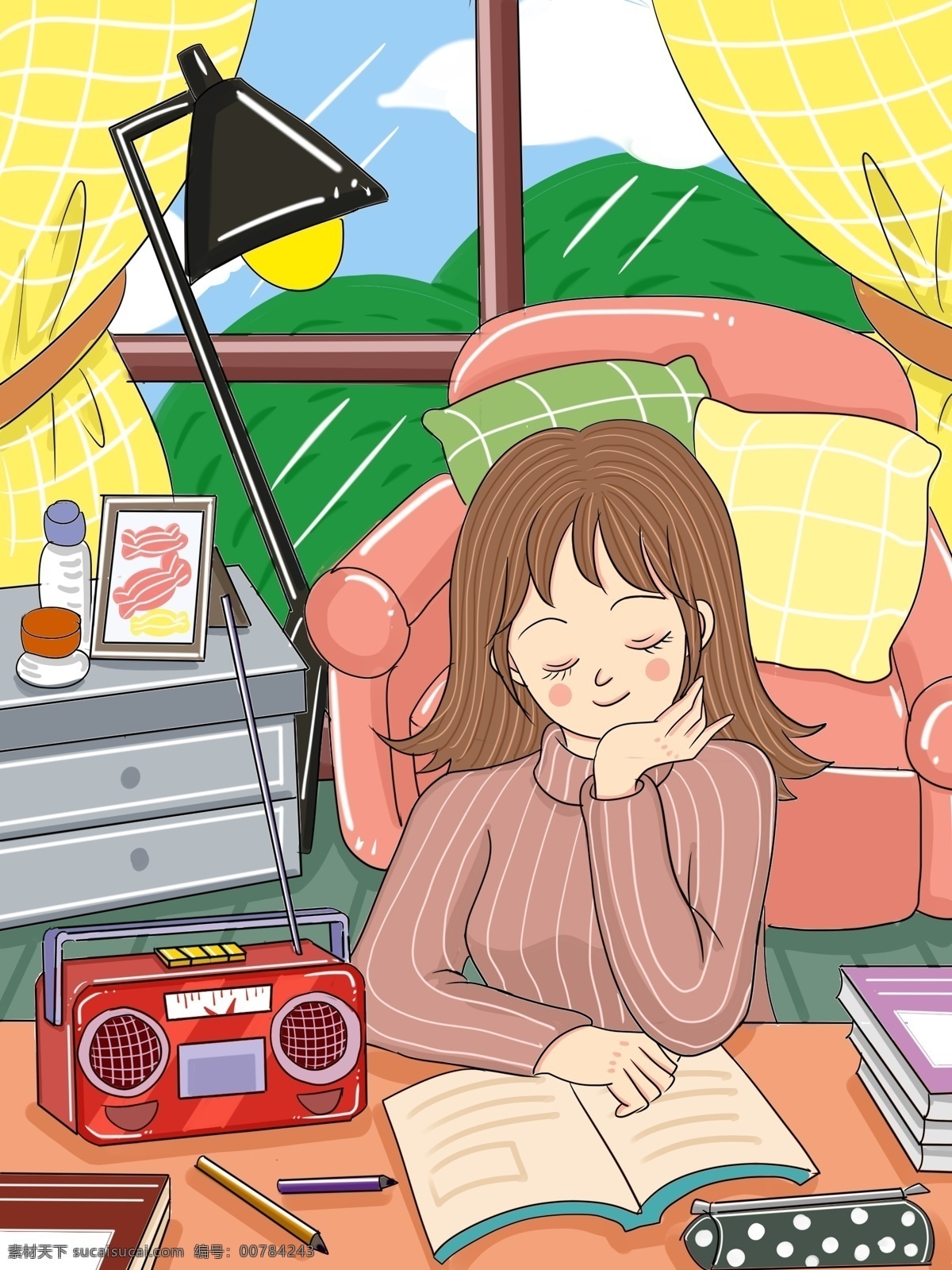 原创 世界 无线电 日 女孩 听 卡通 插画 微博 微信 世界无线电日