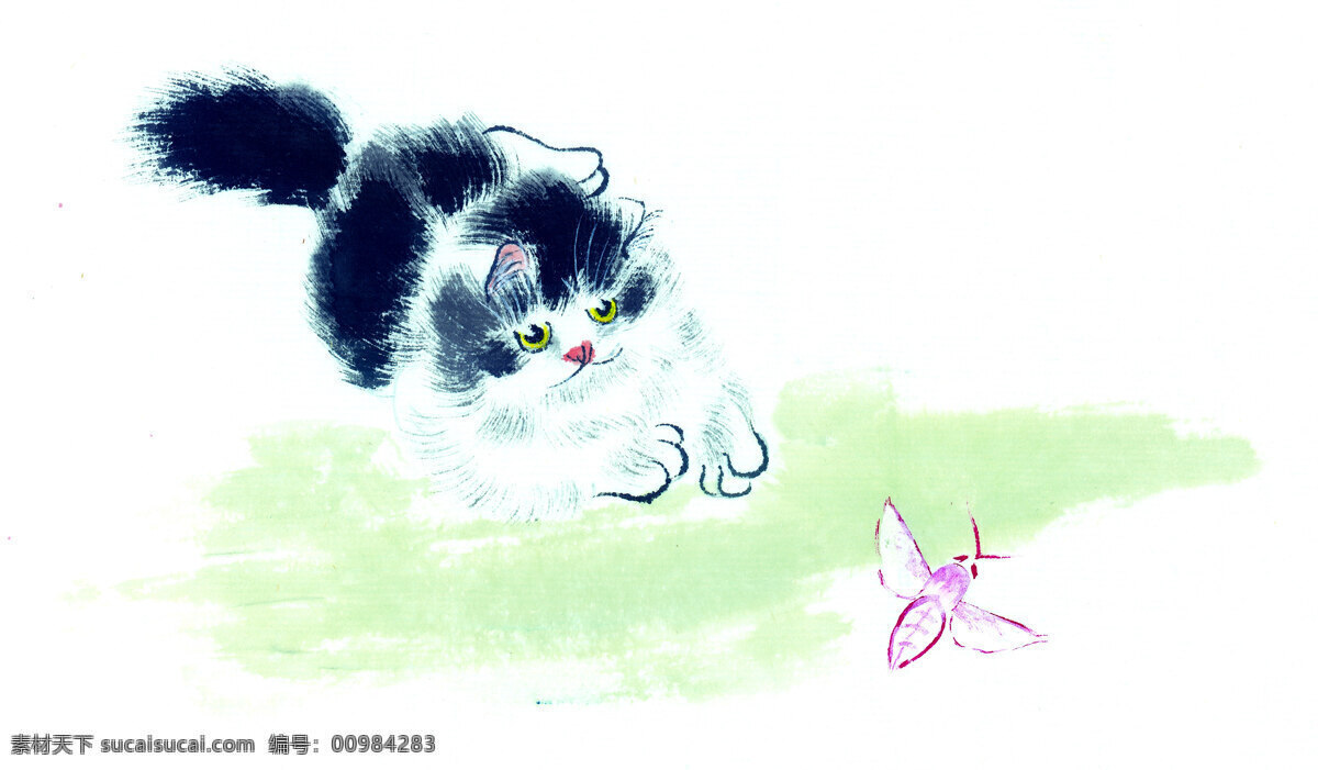猫 追 碟 动物 工笔画 美术 水墨 文化艺术 中国画 花鸟艺术 中国画艺术