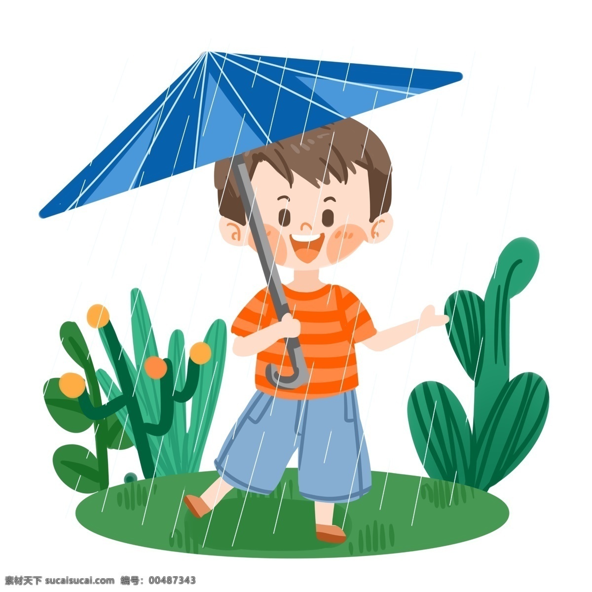夏日 可爱 男孩 雨 中 打伞 开心 星星 下雨 草地 绿植