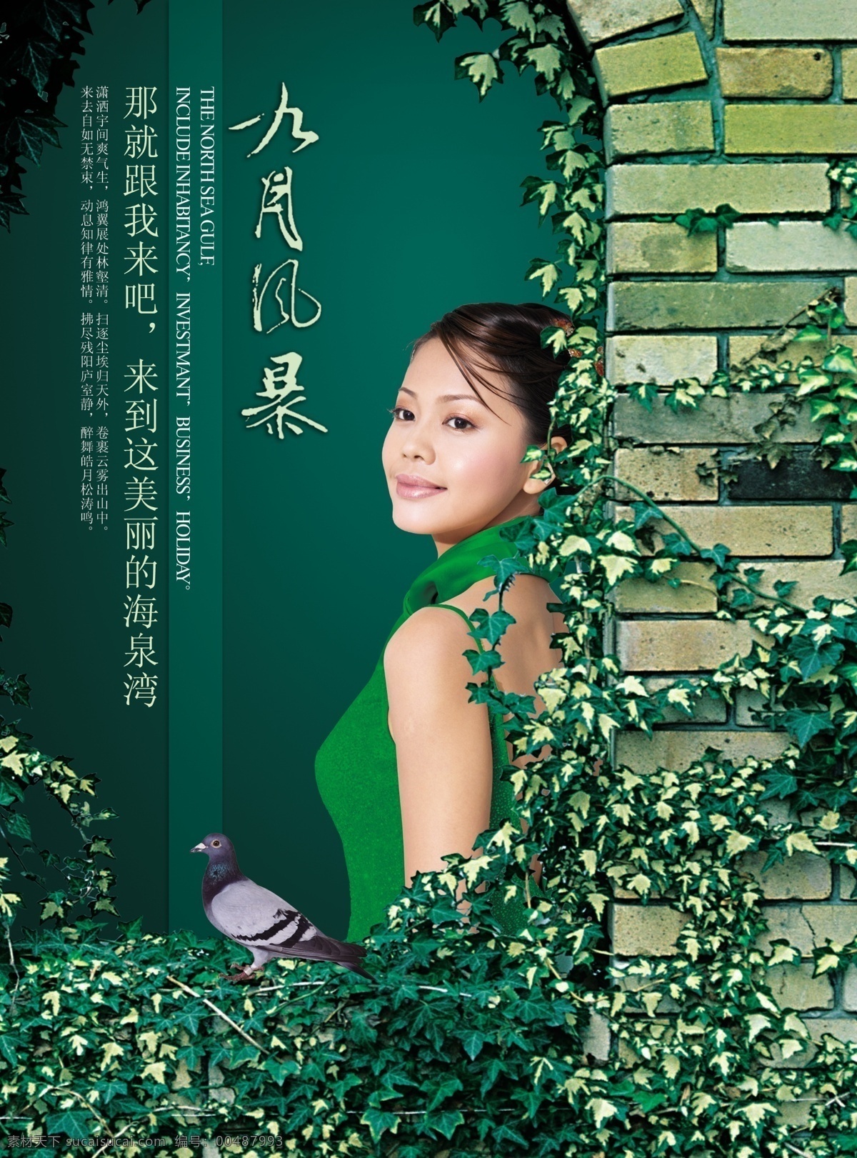 房产 广告 鸽子 古墙 绿色 美女 爬山虎 中国风