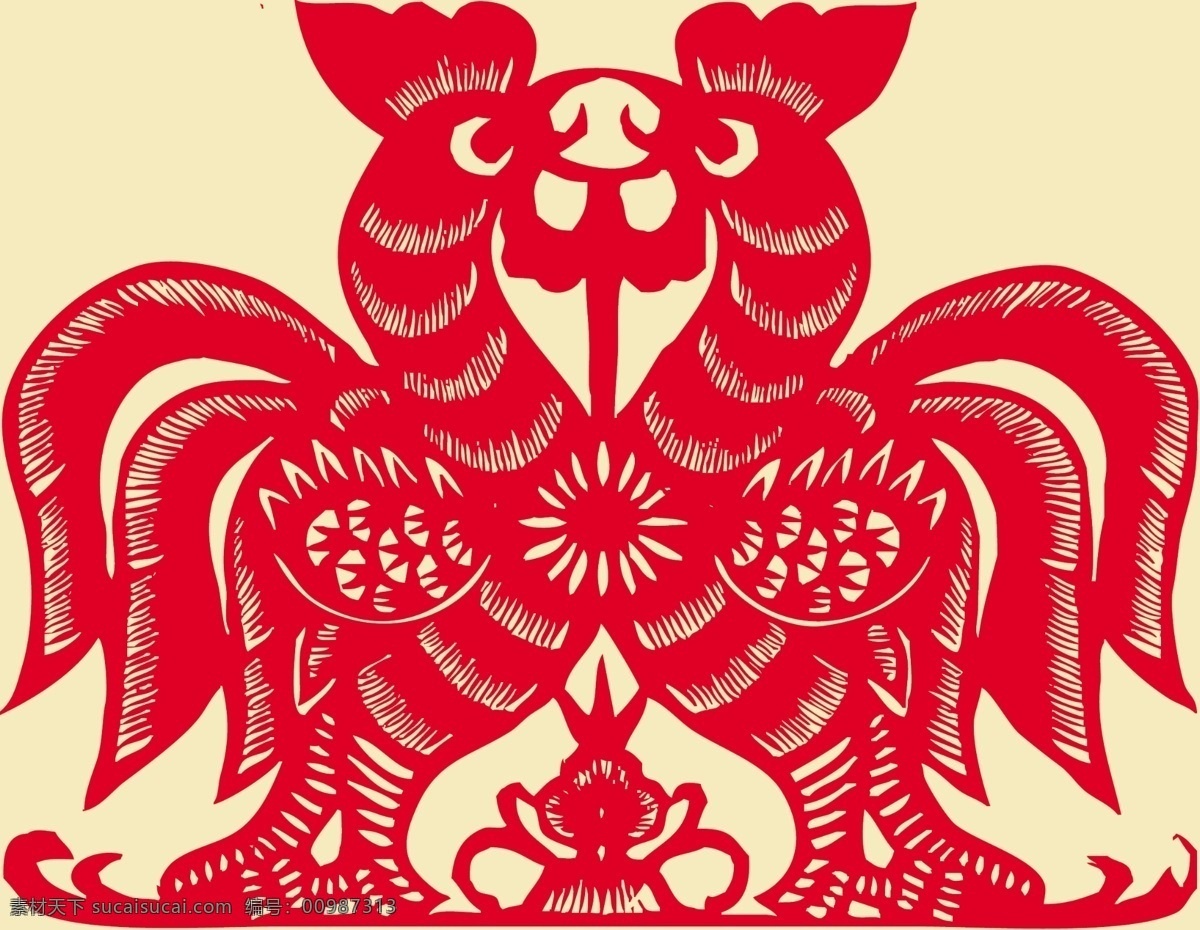 对称 公鸡 剪纸 窗花 纹样 传统剪纸 文化艺术 传统文化