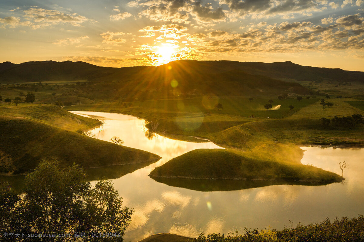 清晨 湖泊 风景图片 阳光 山脉 山峰 河流