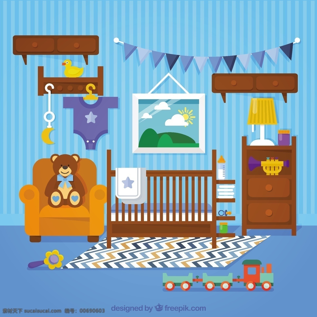奇妙的婴儿房 木制家具 蓝色 墙壁 婴儿 婴儿淋浴 庆祝活动 墙 熊 家具 房间 火车 平板 新的 平面设计 玩具 木制 公告 泰迪熊 淋浴 出生