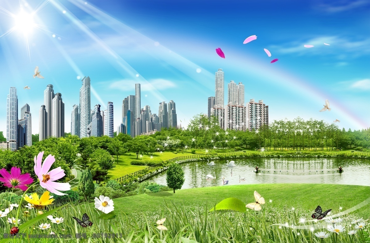 蓝天楼房 蓝天 白云 楼房 草地 花草 蝴蝶 光 星光 彩虹 树林 湖水 天鹅 广告设计模板 源文件