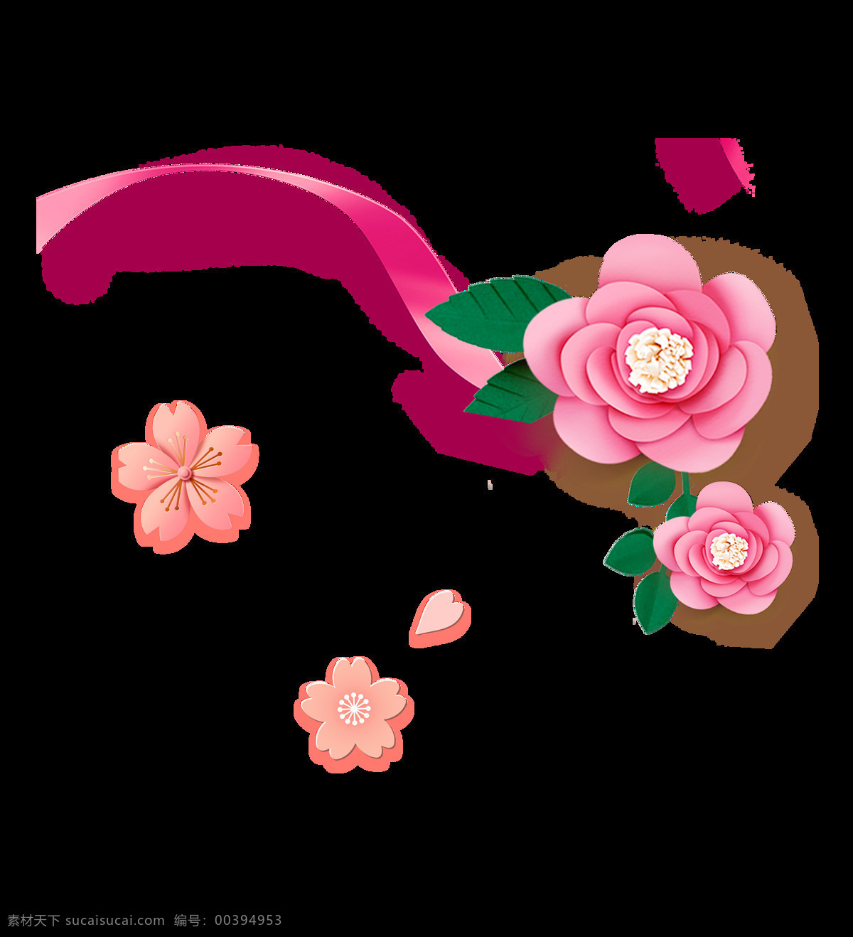 手绘 精致 时尚 花朵 装饰 丝带 叶子 花瓣 樱花 粉色 浪漫