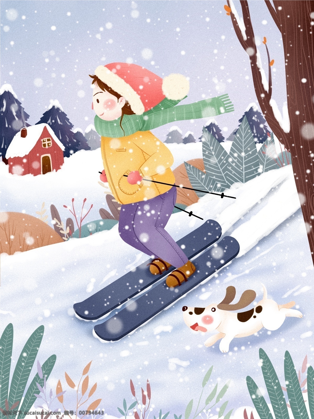 手绘 冬天 滑雪 女孩 插画 冬季 清新 可爱 海报 生活方式 卡通