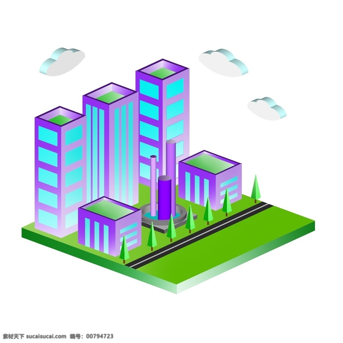 d 线性 城市 商用 元素 2.5d 建筑 云朵