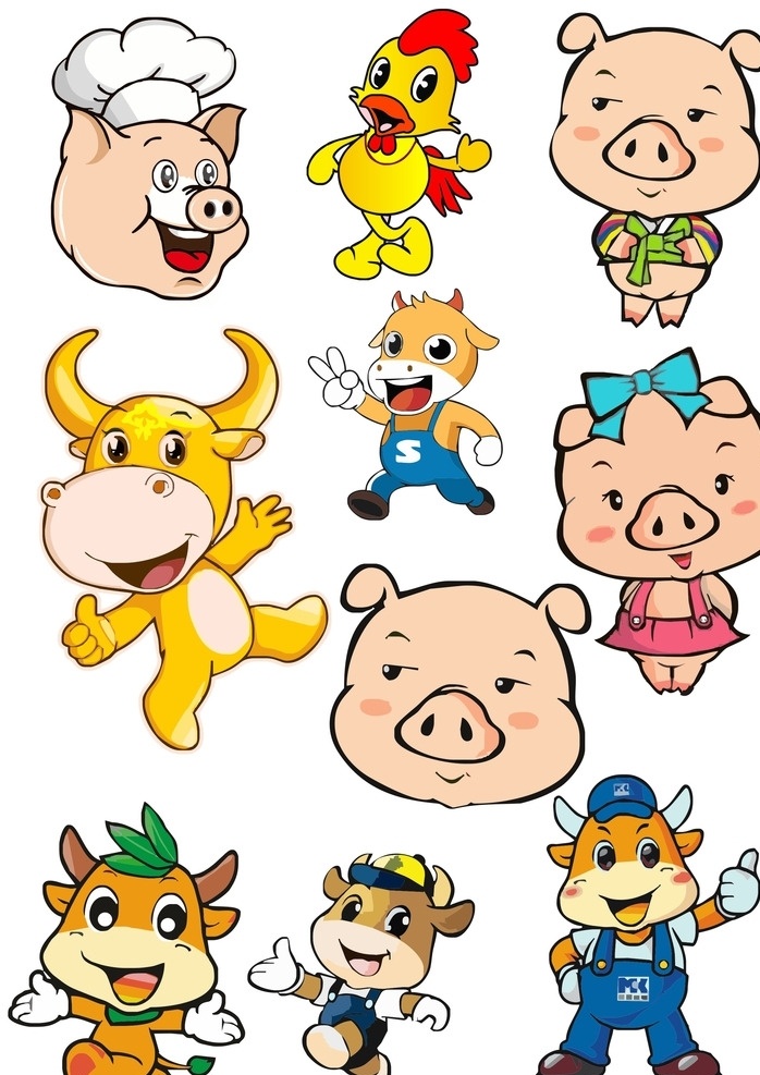 矢量卡通动物 矢量动物 卡通动物 猪 鸡 牛 矢量鸡 矢量牛 矢量猪 动漫动画