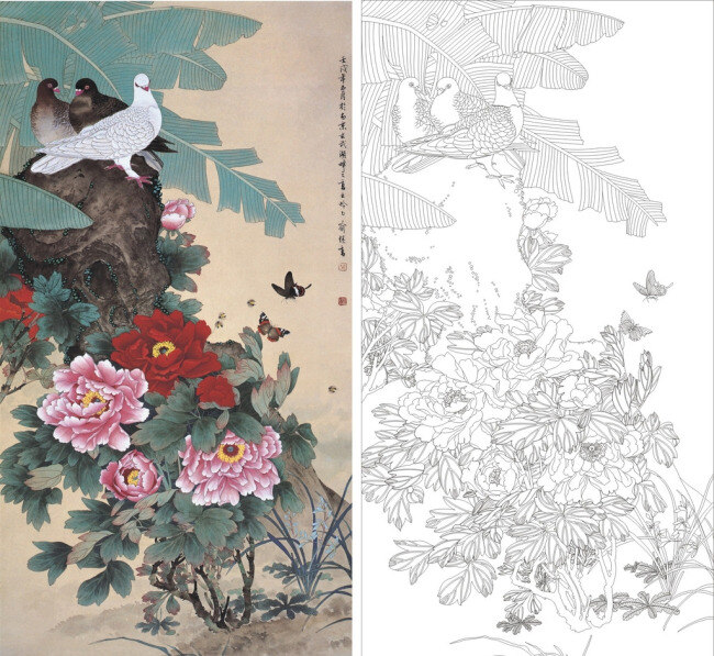 牡丹 鸽子 玄关 艺术玻璃 背景墙 彩雕 雕刻图 隔断 花 牡丹鸽子 牡丹鸟 艺术玻璃图案 矢量图 装饰素材