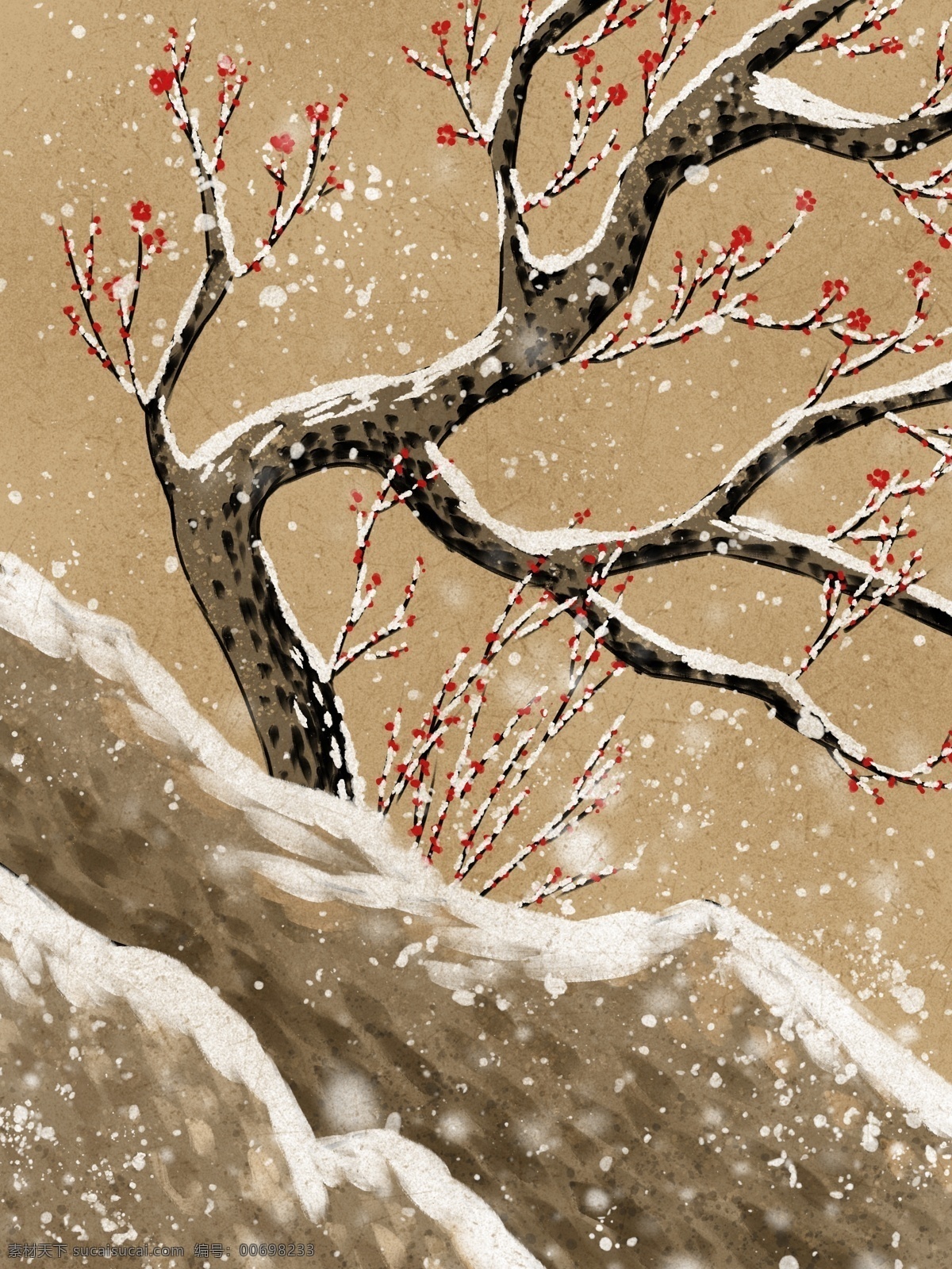 冬季 梅花 复古 水墨 插画 大雪 中 雪景 树枝 中国风 壁纸 积雪 背景