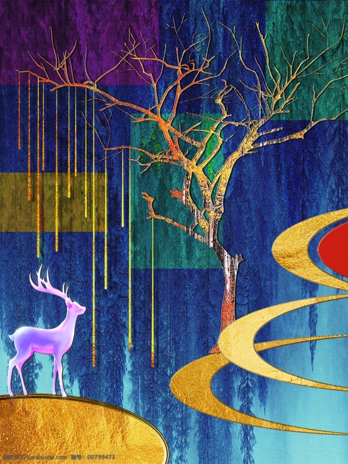 创意 炫彩 树 客厅 装饰画 一联画 浮雕小鹿 半圆金色 蓝色渐变背景 剪影树