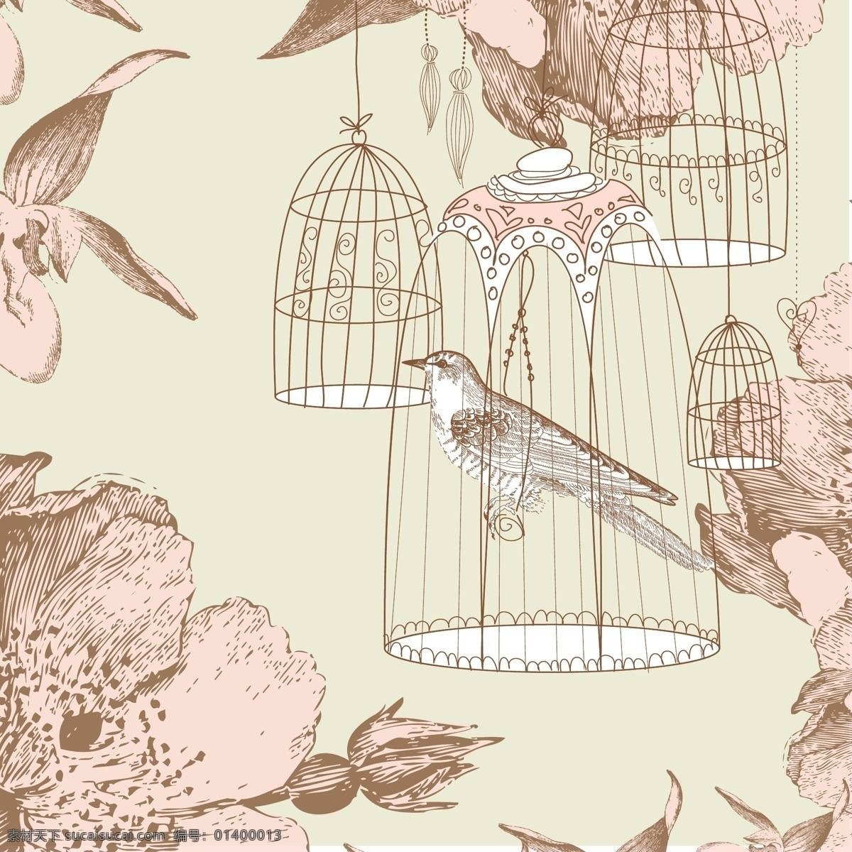 复古 风 手绘 简 笔画 矢量 装饰 图案 蔷薇花 笼中鸟 小鸟 淡粉色 装饰图案素材