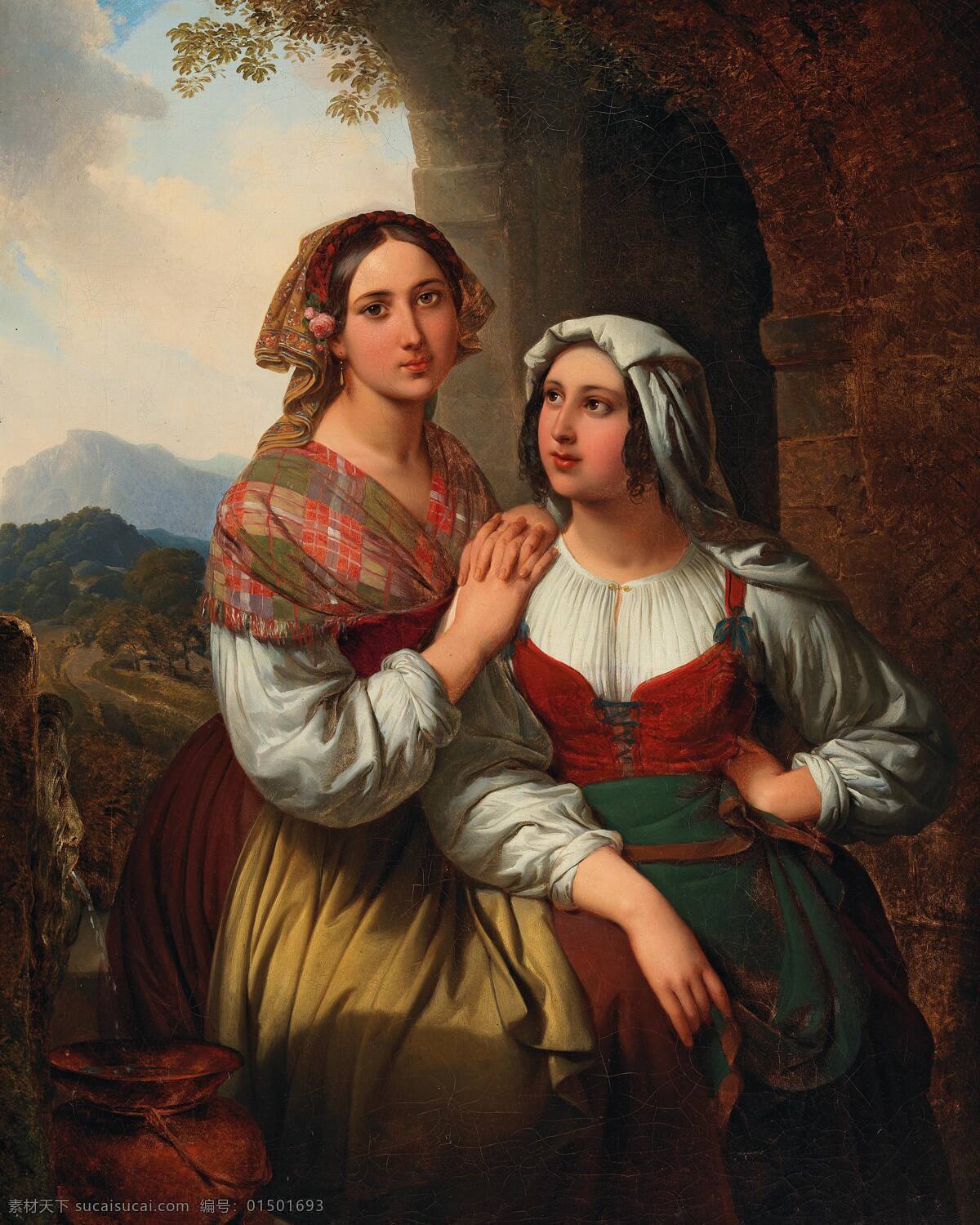 姐妹 乡间 两位村姑 头由 水罐 远山 19世纪油画 油画 文化艺术 绘画书法