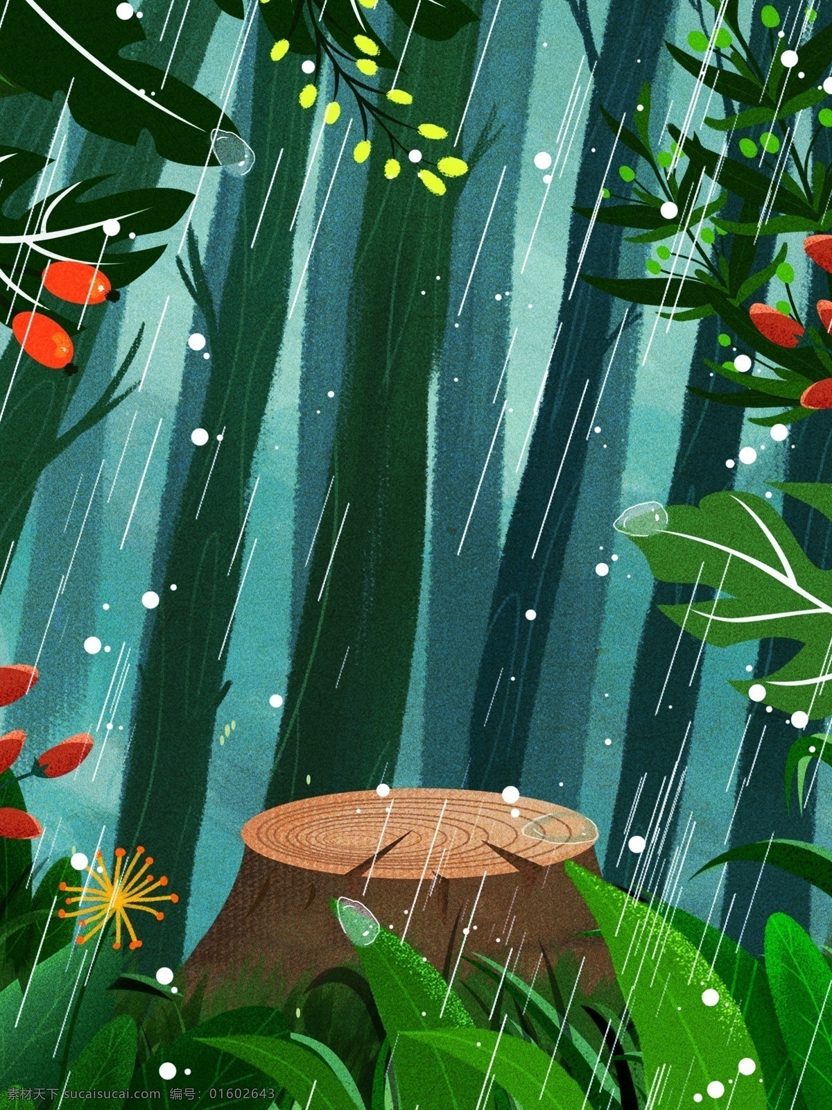 雨季 手绘 树林 插画 背景 手绘背景 森系背景 树林背景 树叶背景 绿色背景 治愈系背景