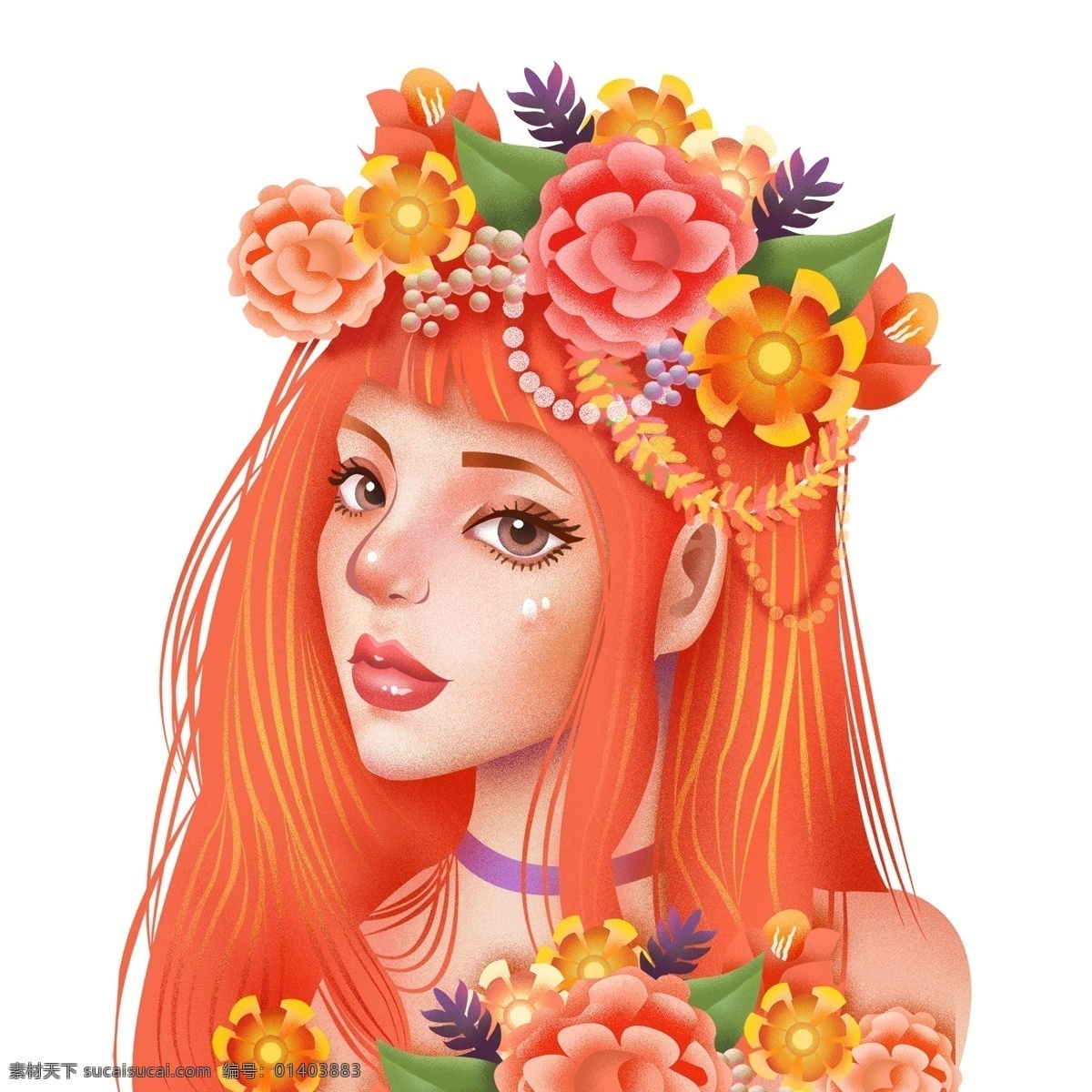 美丽 鲜花 少女 手绘 唯美 插画 植物
