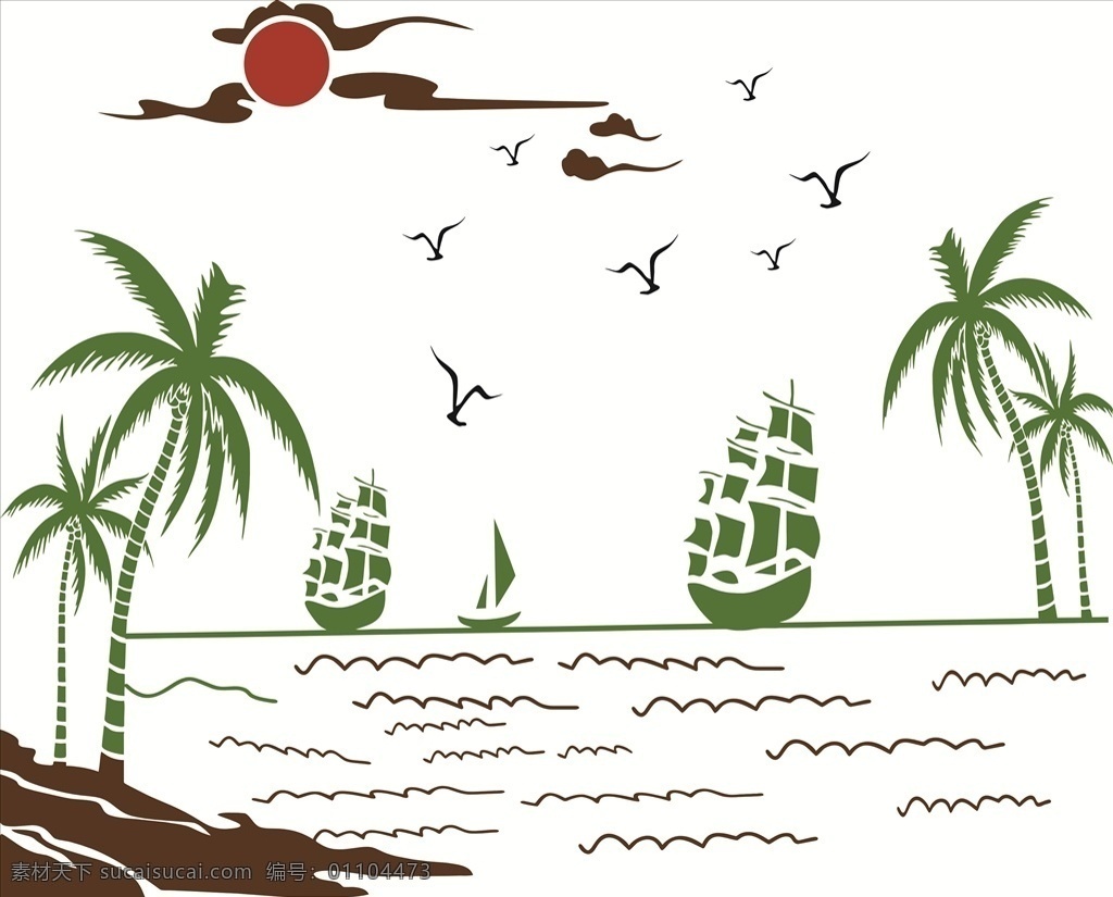 海边矢量画 客厅画 红日 大雁 帆船 椰树 海滩 矢量图 文化艺术 传统文化