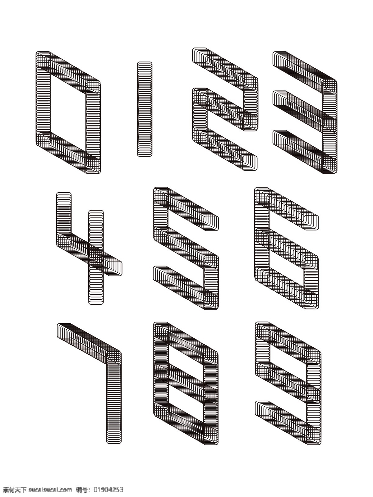 极 简 d 立体 线圈 线性 艺术 阿拉伯数字 元素 黑色 线条 艺术字 可商用 矢量 等距