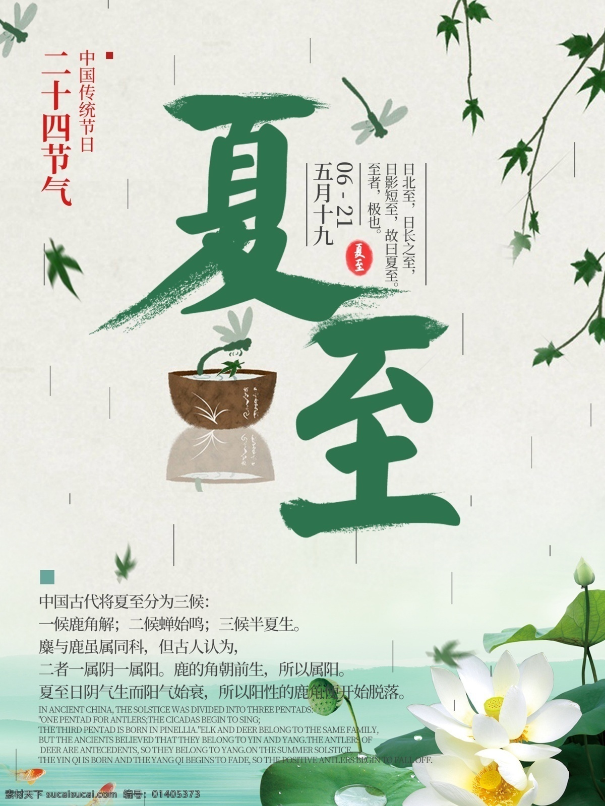 中国 传统 二十四节气 夏至 宣传海报 文艺 小清新 荷花 中国节日 素雅 背景