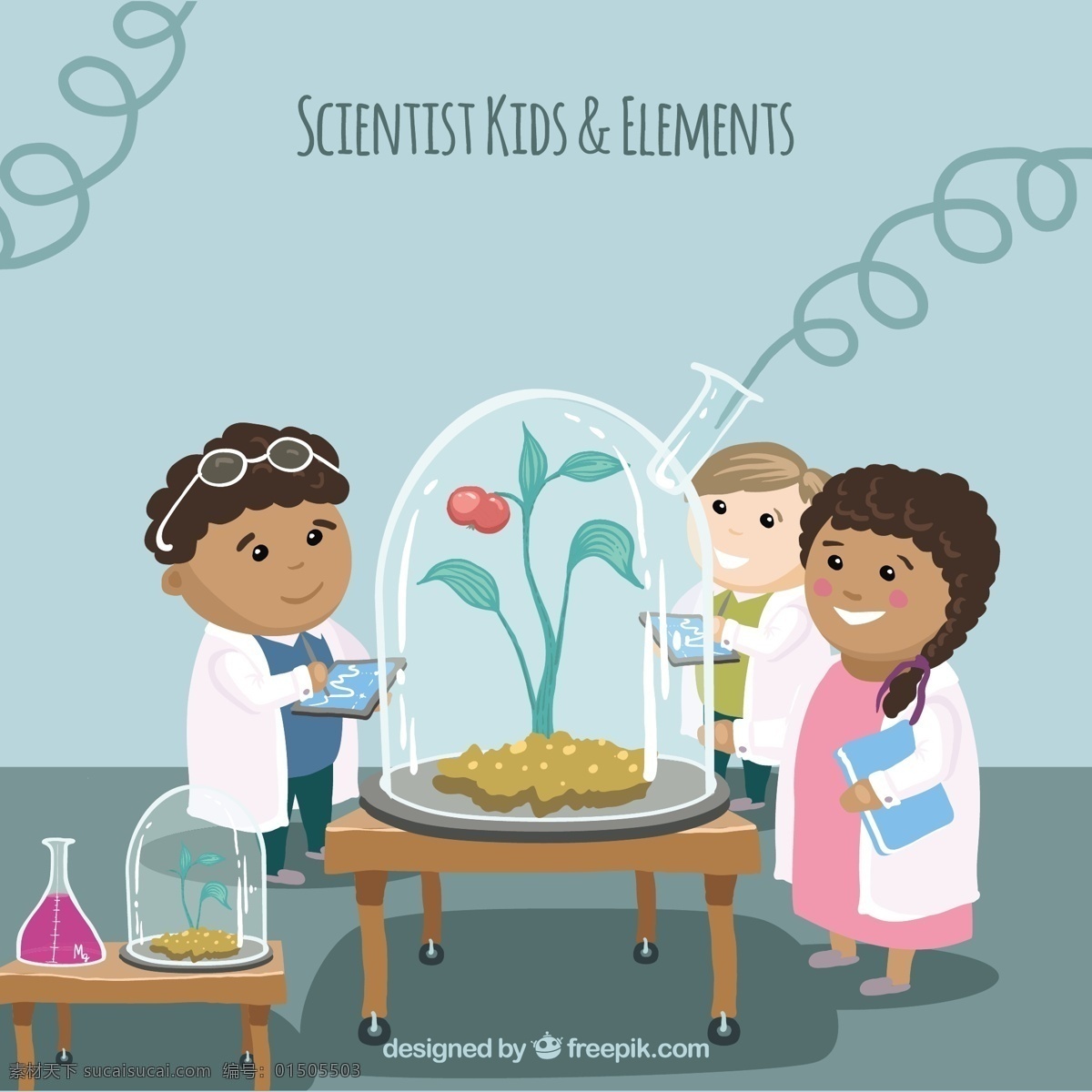 科学家 孩子 做 实验 儿童 卡通 科学 植物 化学 实验室 番茄 核 测试 分子 生长 成长