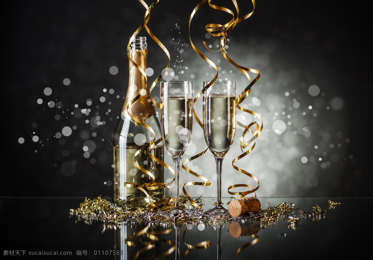 香槟 黑色 时尚 背景 黑色时尚背景 金色丝带 圣诞元素 圣诞主题 节日庆典 生活百科