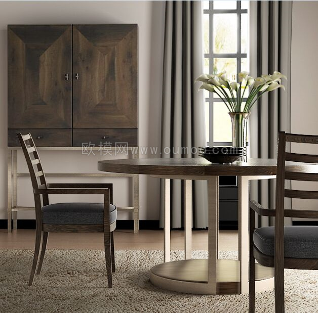 简约 现代 实木 餐桌椅 餐厅 餐桌 花瓶 地毯 效果图 餐椅 柜子 3d渲染 3d模型 家具模型
