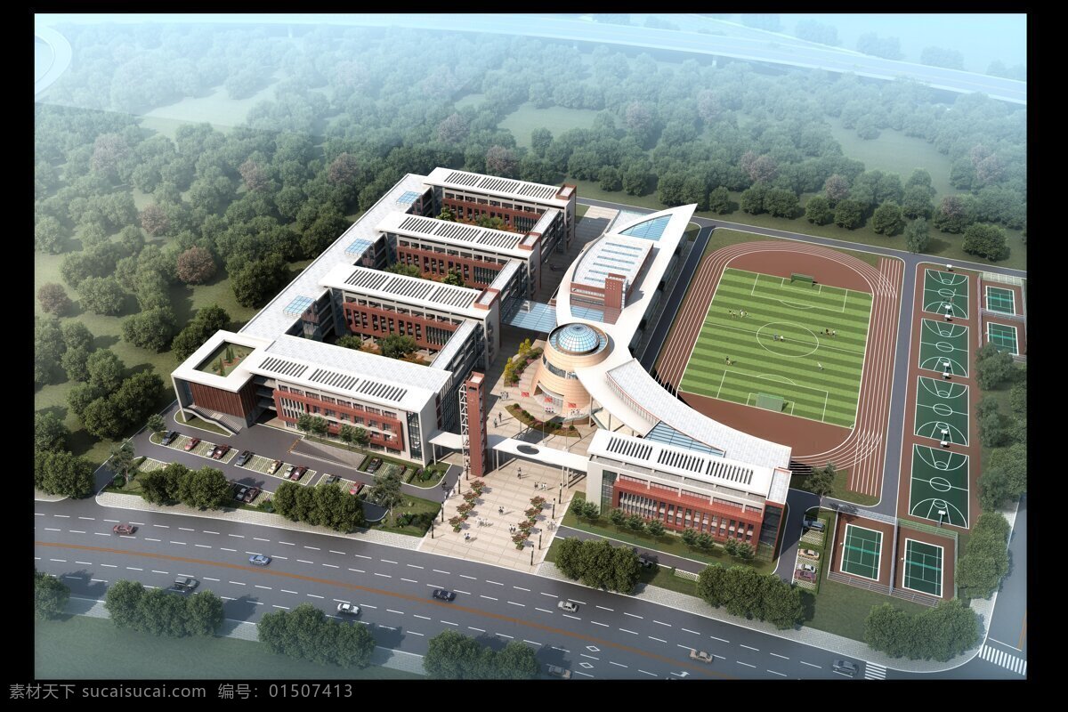 3d设计 3d效果图 车 马路 球场 人 室外模型 小学鸟瞰 树 屋面 造型 柏油 雾化 效果图 3d模型素材 建筑模型