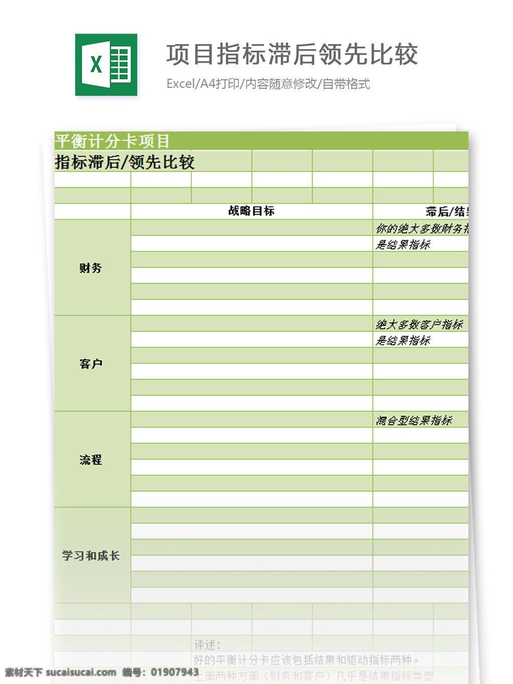 平衡 计分 卡 项目 指标 滞后 领先 比较 excel 模板 表格模板 图表 表格设计 表格