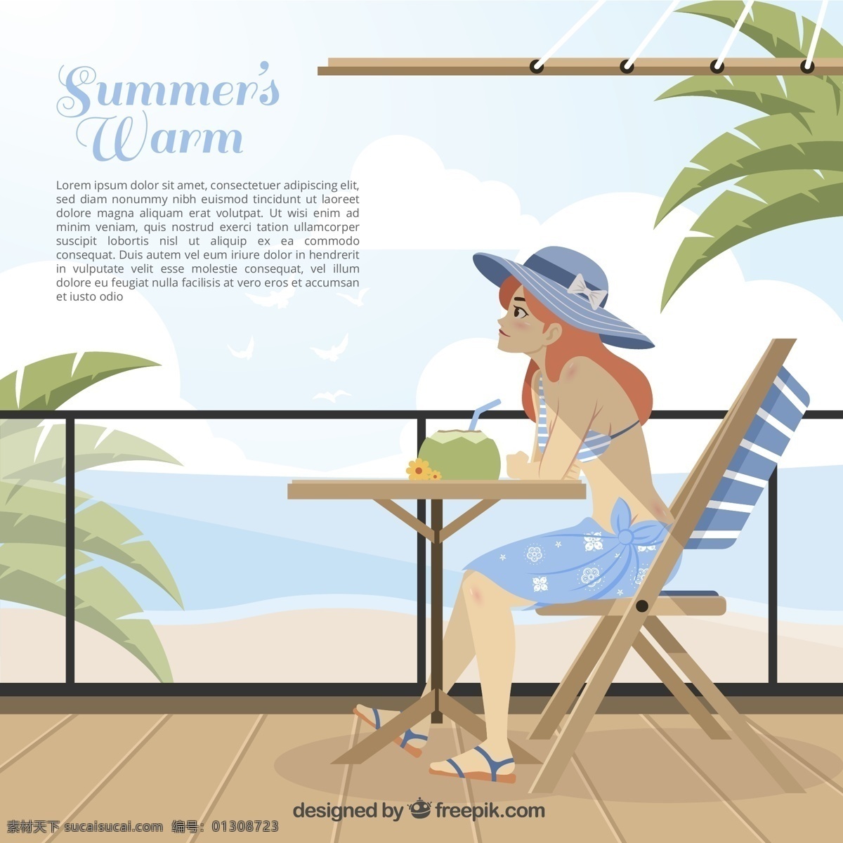 夏季 海边 度假 女孩 矢量 椰子树 沙滩 大海 椅子 桌子 椰子汁 人物 假期 女子 矢量图