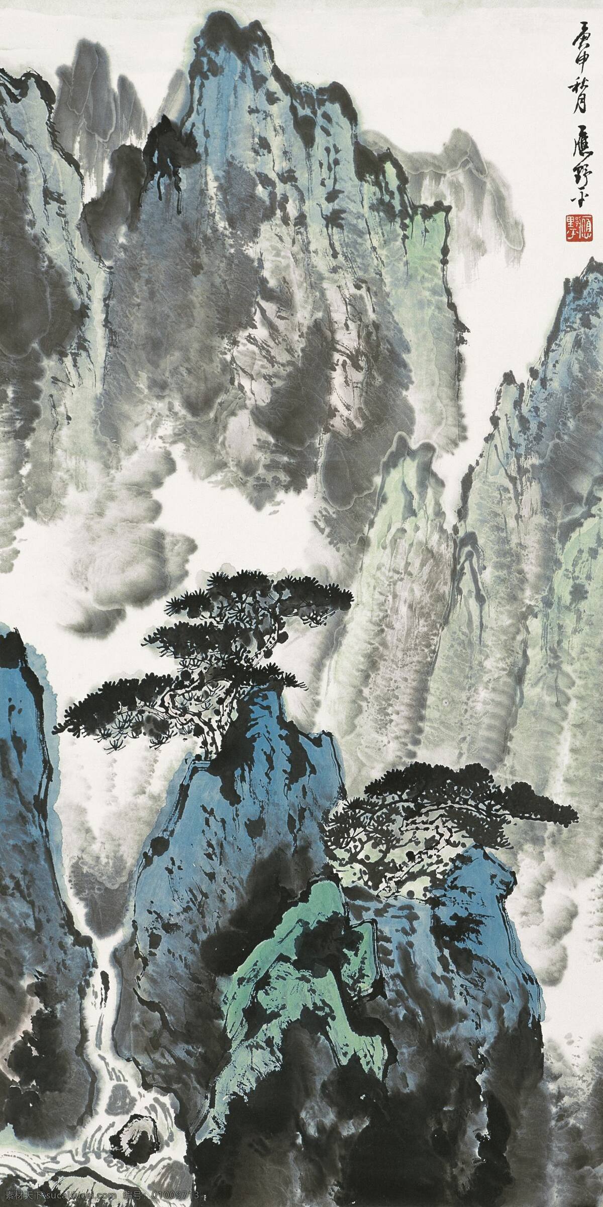 山高水长 流 白云 刺绣 工笔 溪水 写意山水画 中国画 立轴 青松 应野平作品 工艺美术 平面广告 装饰设计 家居装饰素材 室内装饰用图