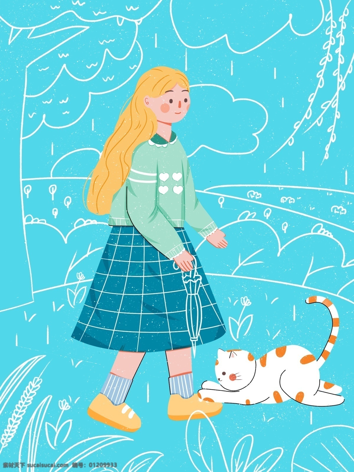 春天 春分 谷雨 女孩 猫咪 玩耍 春天你好 可爱 小清新 唯美 扁平风 虚实象生 插画 配图