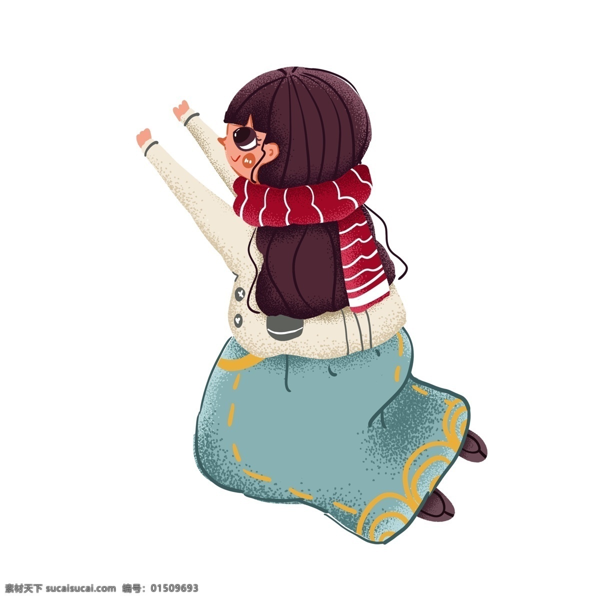 彩绘 跪 地上 女孩 创意 卡通 复古 人物 少女 女生 围巾 跪着的女孩