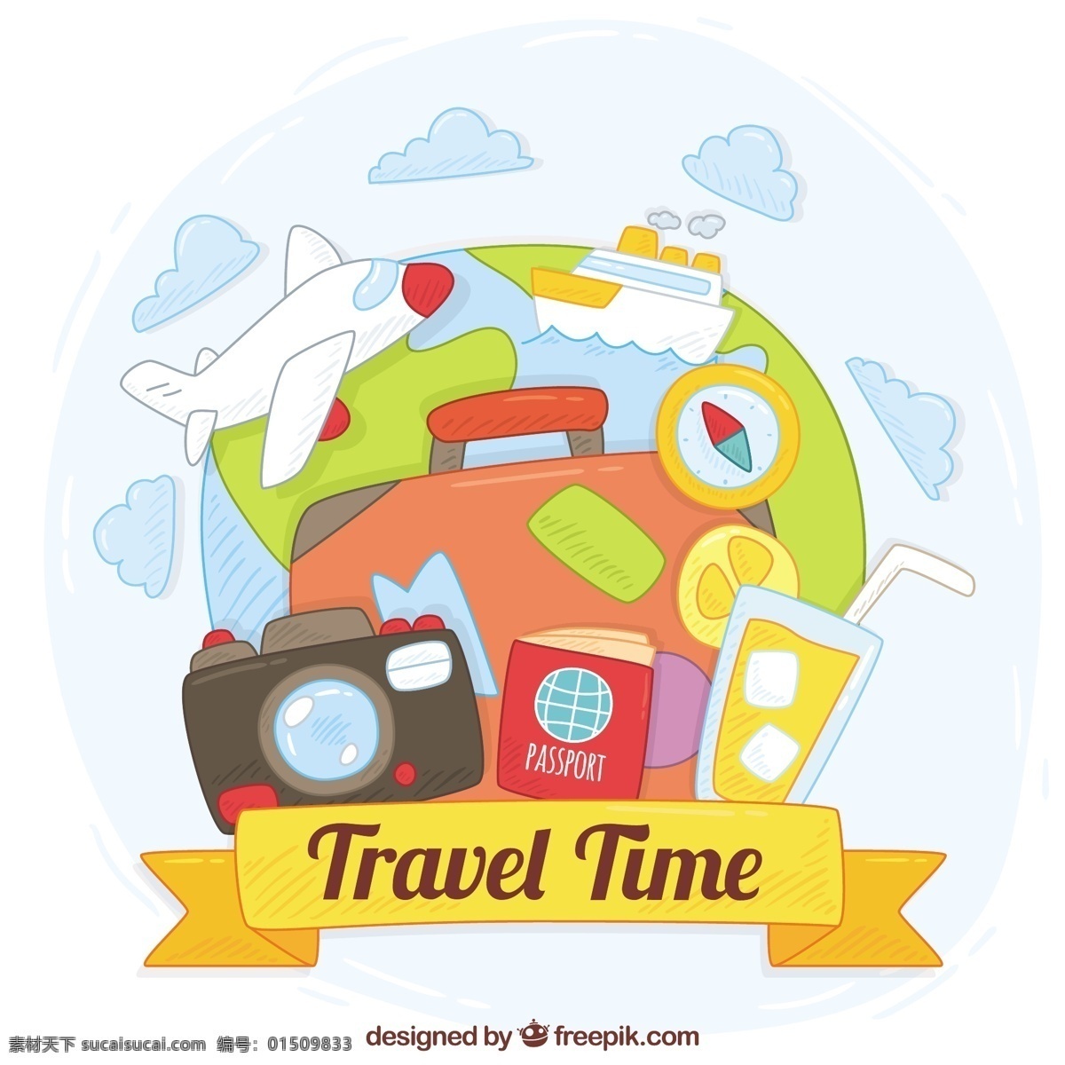 具有 旅游 元素 世界 背景 手 地图 相机 手绘 世界地图 飞机 绘画 度假 旅行 假期 行李