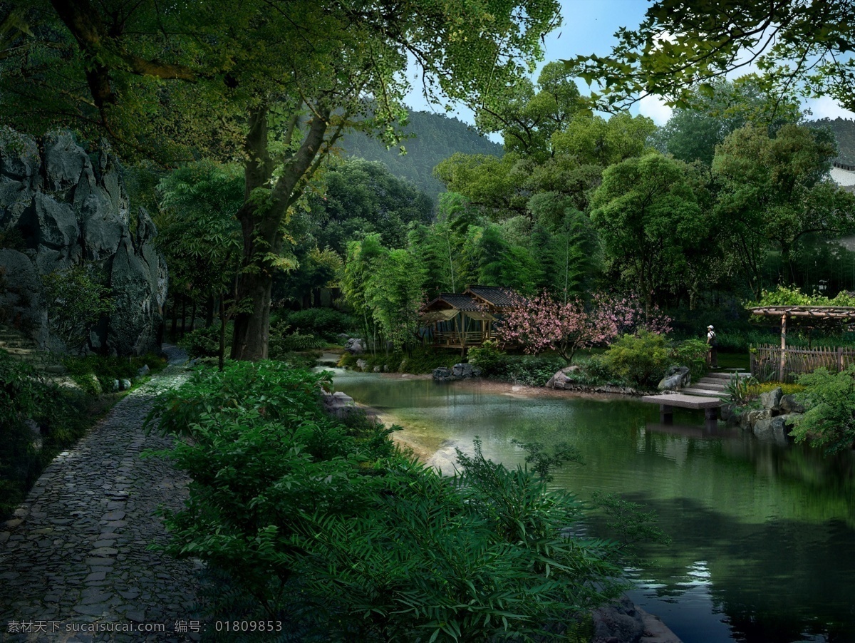 河边 树林 度假 休闲 环境 花草 树木 河流 房屋 建筑物 马路 石头 山峰 男人 凉亭 蓝色天空 景观设计 环境设计 源文件