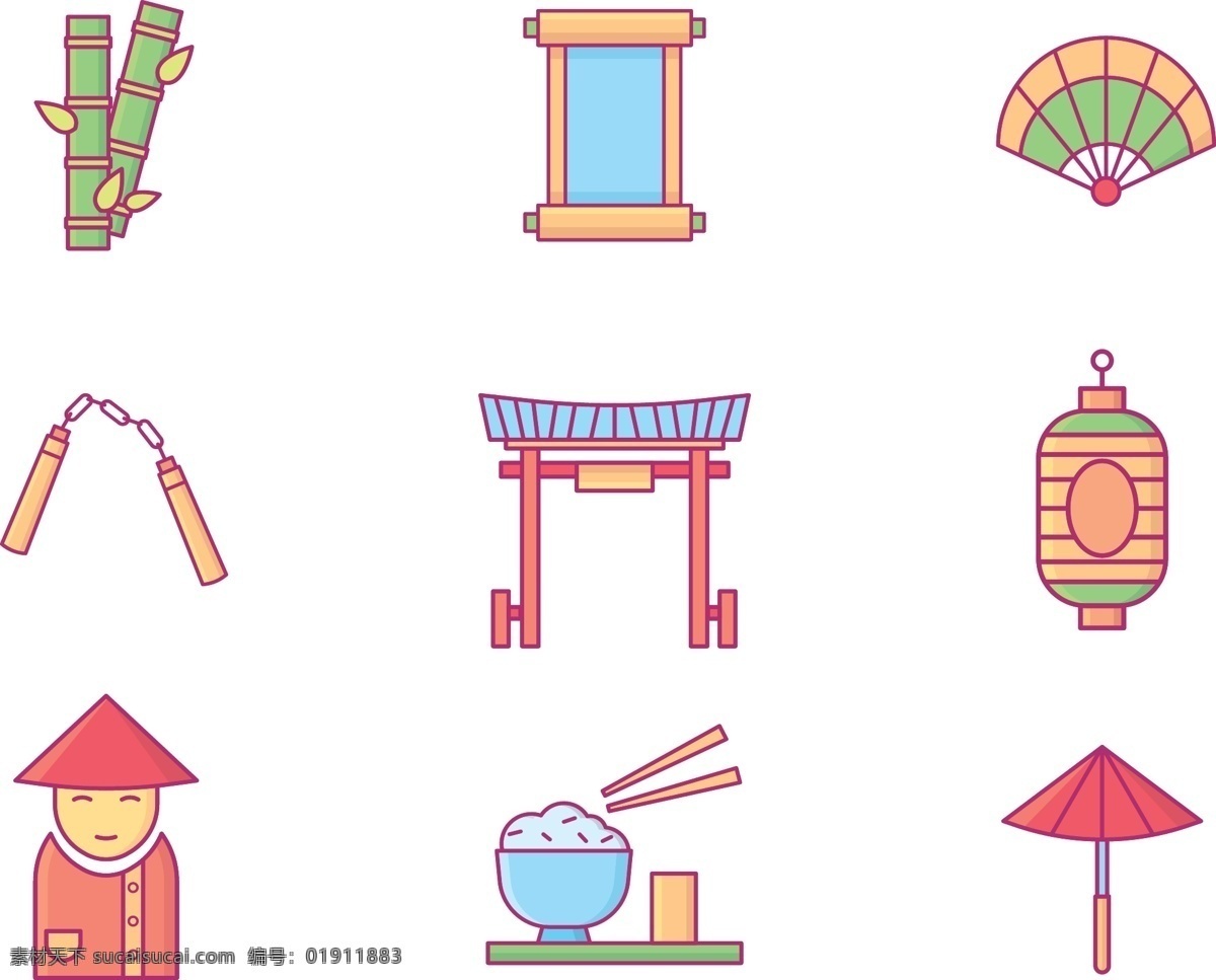 中国 文化 图标素材 中国文化 中国图标 图标 竹子 米饭 卷轴 扇子 灯笼 雨伞
