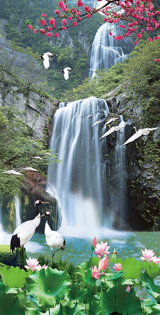 流水 生财 山水 玄关 背景 流水生财 高山 仙鹤 荷花 樱花 玄关背景 分层